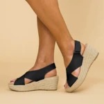 The Cross-Strap Espadrille Wedge in Black