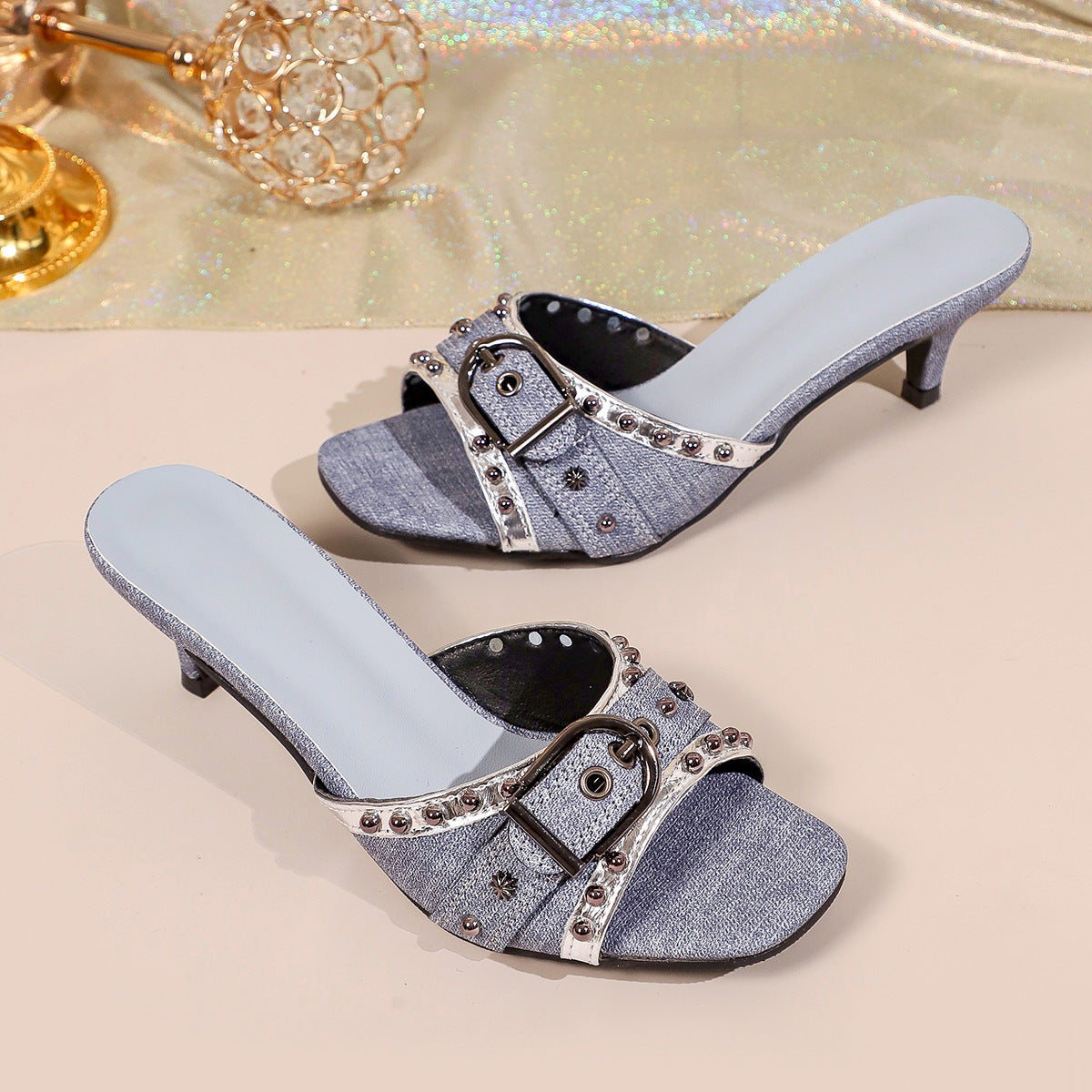 The Studded Kitten Heel Slide in Blue Grey