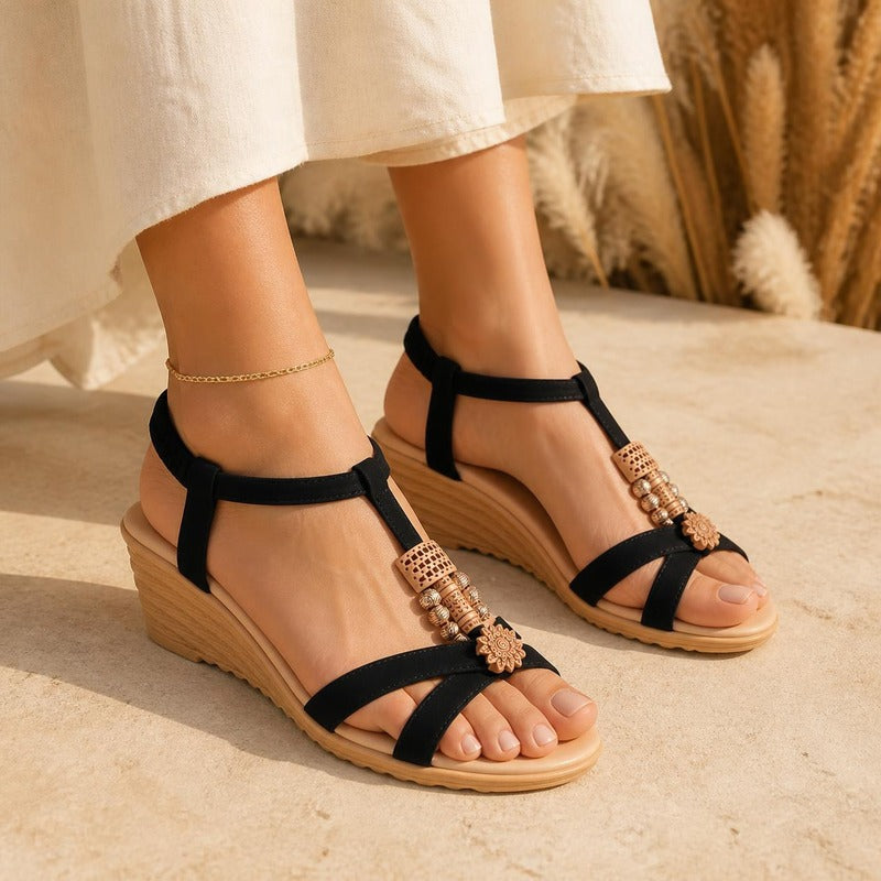 Beaded Boho Wedge in black, worn