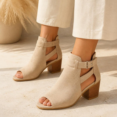 Buckle Peep Toe Bootie in beige, worn