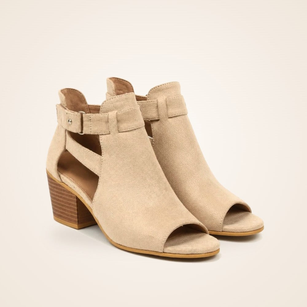 Buckle Peep Toe Bootie in beige