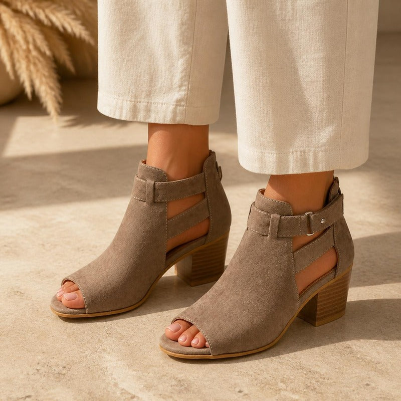 Buckle Peep Toe Bootie in grey, worn
