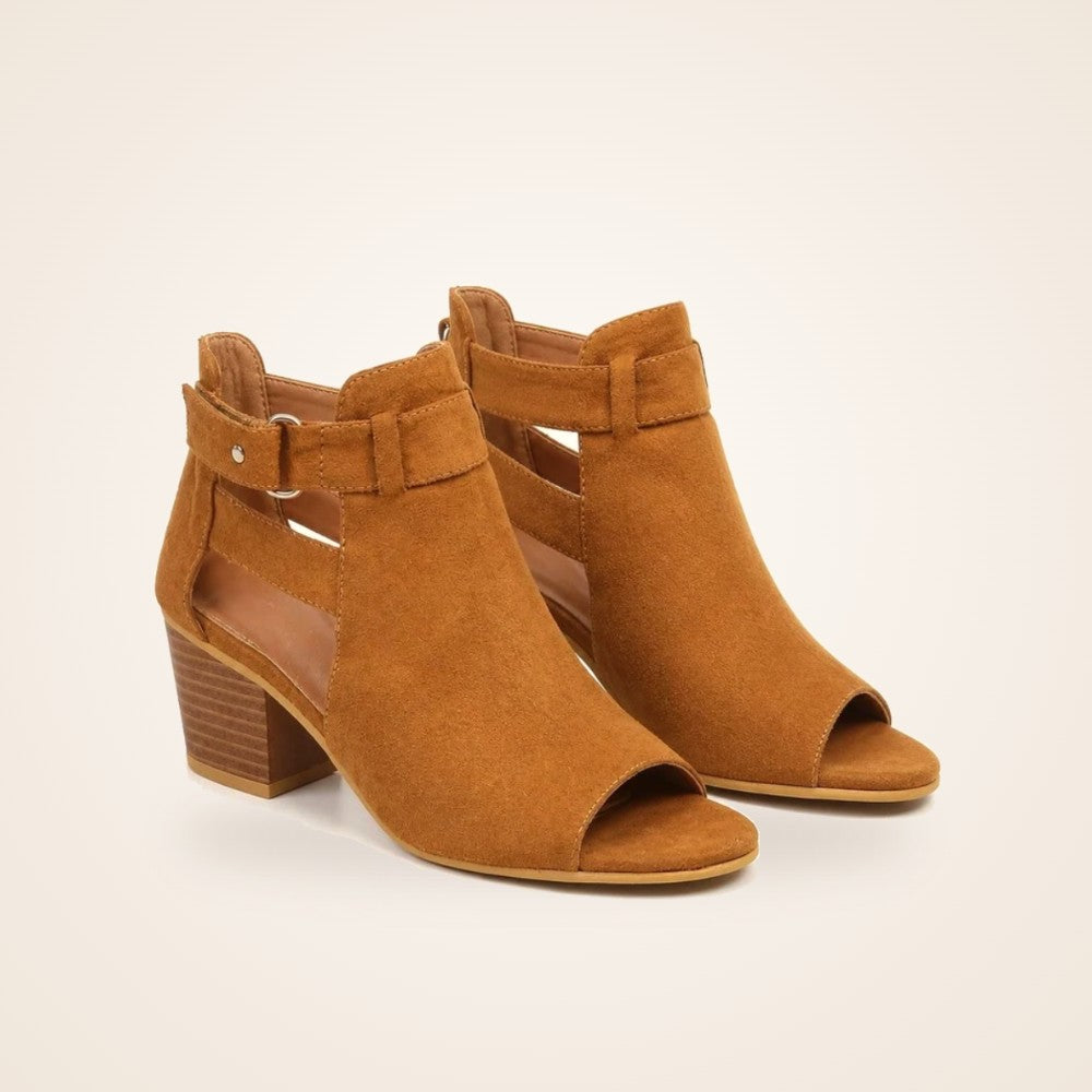 Buckle Peep Toe Bootie in tan