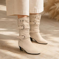 Buckle Slouch Boot in cream, worn