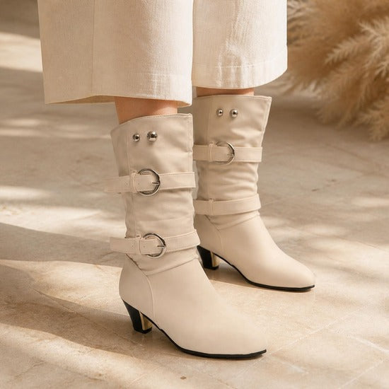 Buckle Slouch Boot in cream, worn
