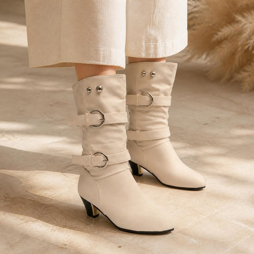 Buckle Slouch Boot in cream, worn