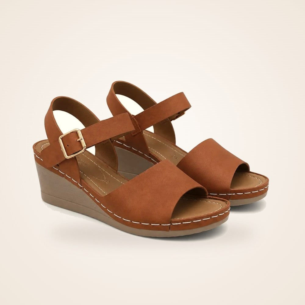 Buckle Wedge Sandal in tan