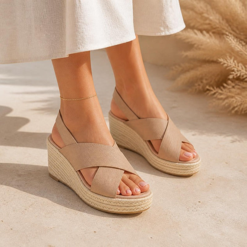Cross Strap Espadrille Wedge in beige, worn
