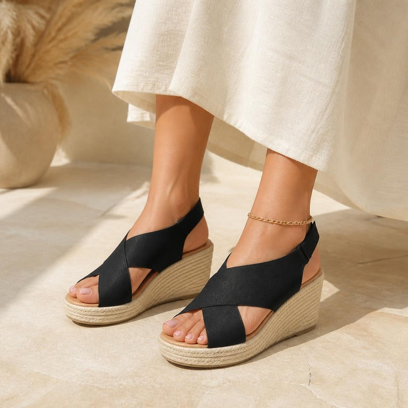 Cross Strap Espadrille Wedge in black, worn