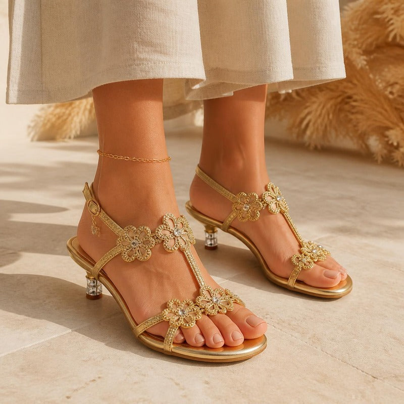 Crystal Flower Heel in gold, worn