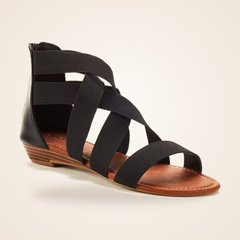Elastic Cross Strap Wedge in black
