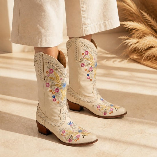 Embroidered Western Boot in cream, worn