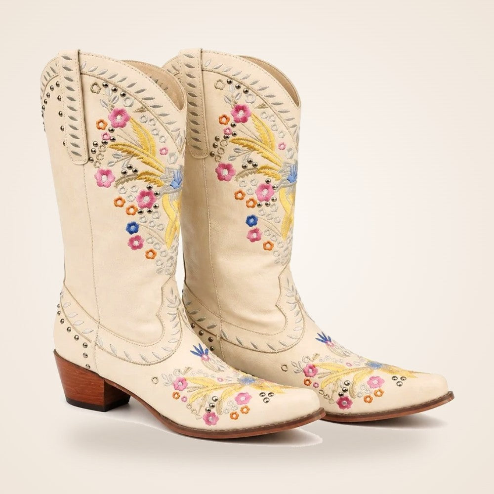 Embroidered Western Boot in cream