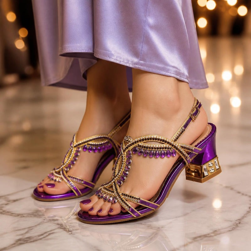 The Gilded Jewel Heel in Amethyst, worn at an evening event