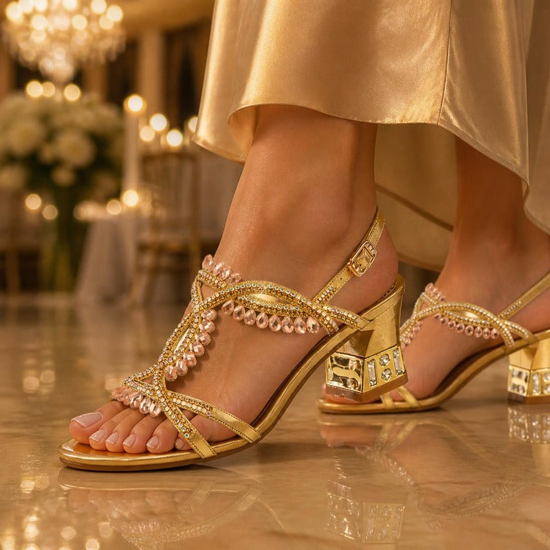 The Gilded Jewel Heel in Gold, worn at an evening wedding
