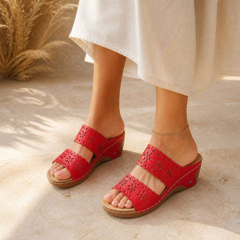 Lattice Wedge Slide in red, worn