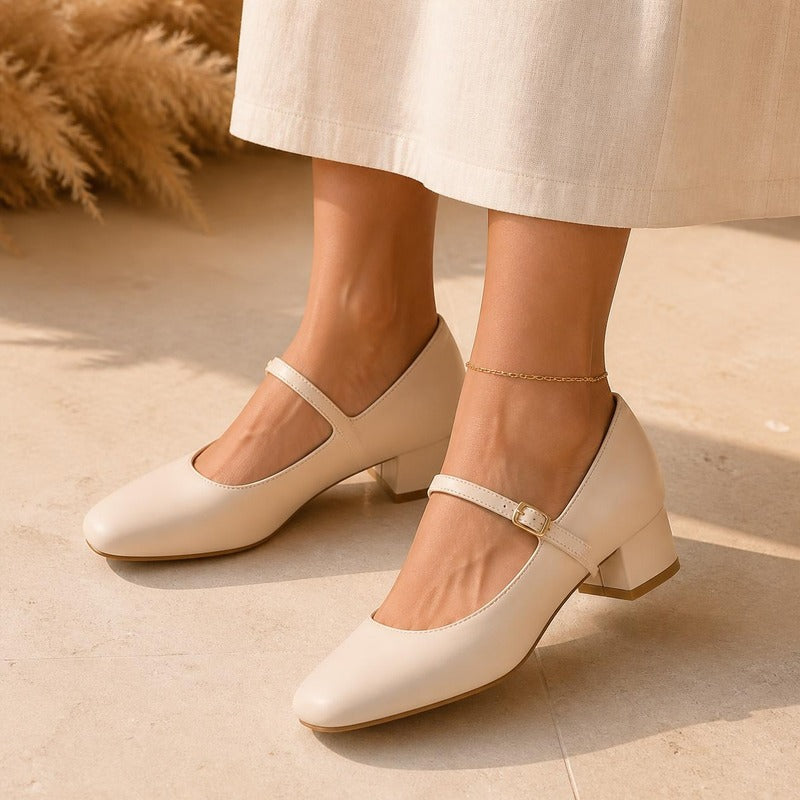 Mary Jane Block Heel in cream, worn