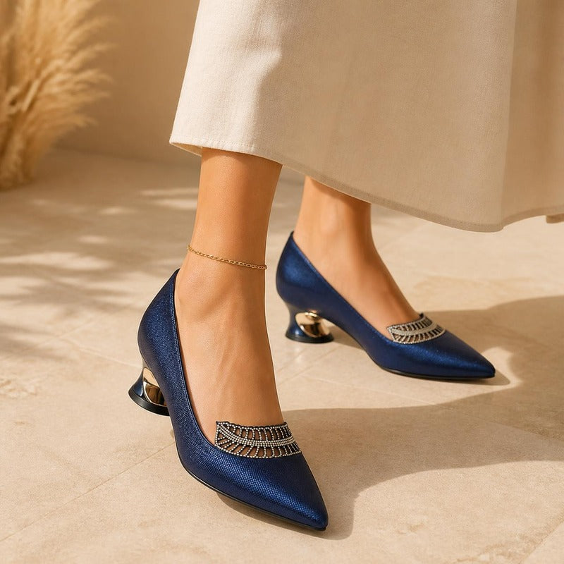Navy Jewel Pump in navy, worn