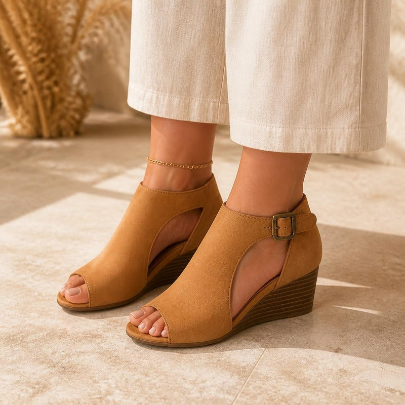 Peep Toe Wedge Bootie in tan, worn