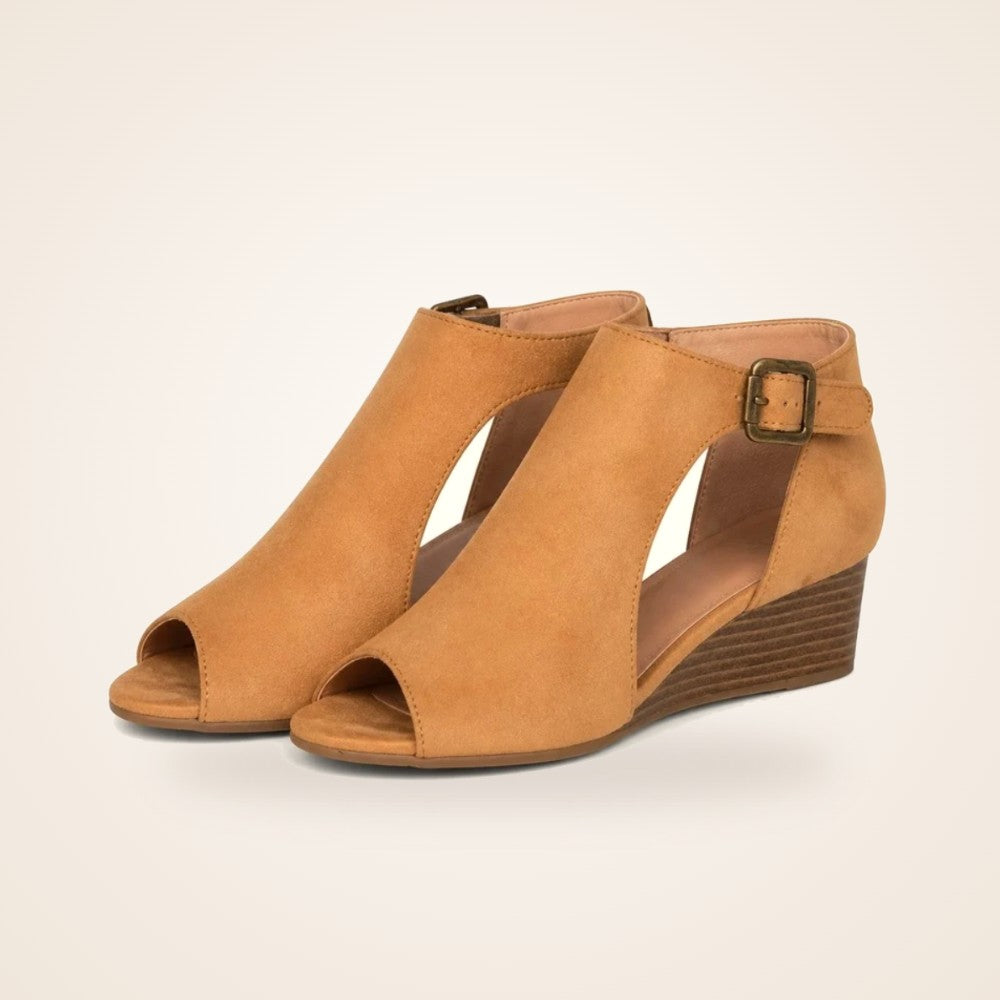 Peep Toe Wedge Bootie in tan