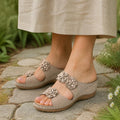 Posy Wedge Slide in Beige, worn
