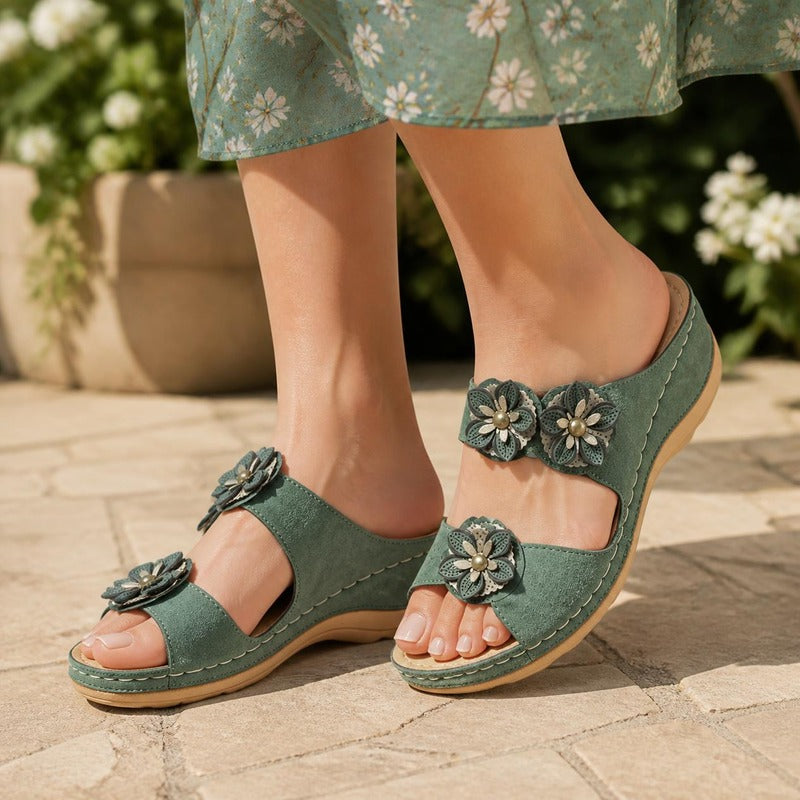 Posy Wedge Slide in Green, worn