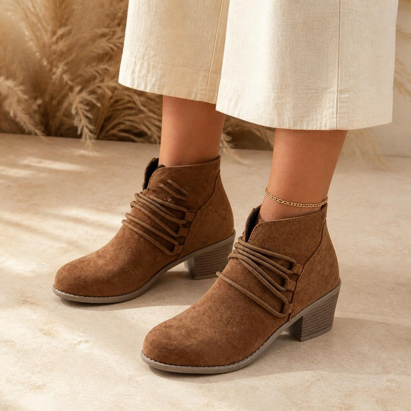 Slouch Ankle Boot in tan, worn