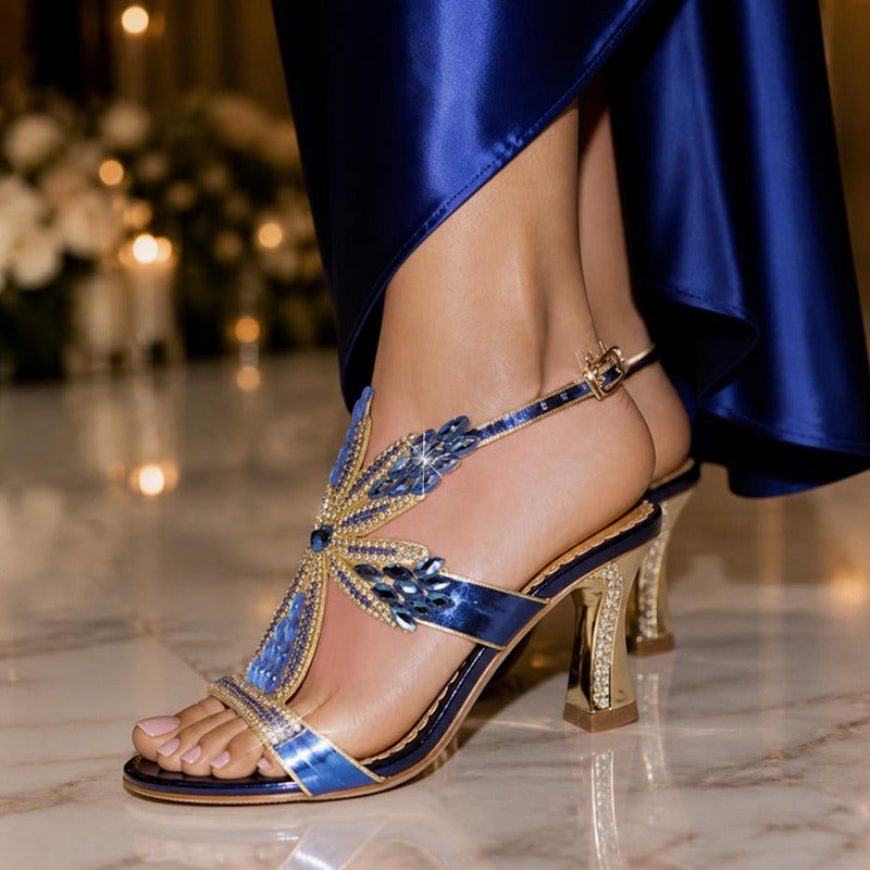 The Starlight Jewel Heel in Sapphire, worn at an evening wedding