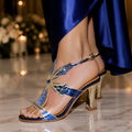 The Starlight Jewel Heel in Sapphire, worn at an evening wedding