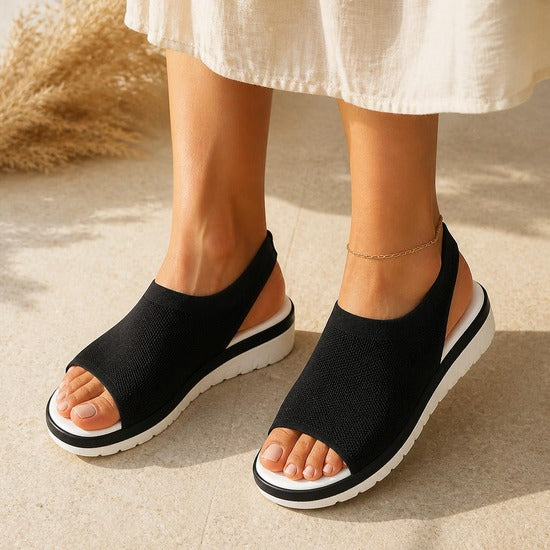 Stretch Knit Sandal in black, worn