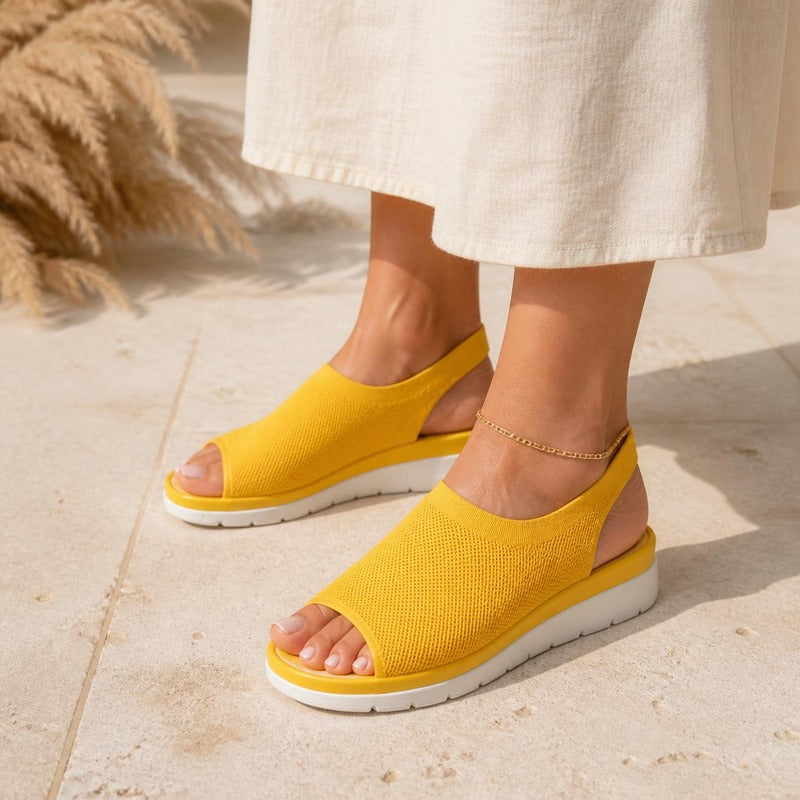 Stretch Knit Sandal in yellow, worn