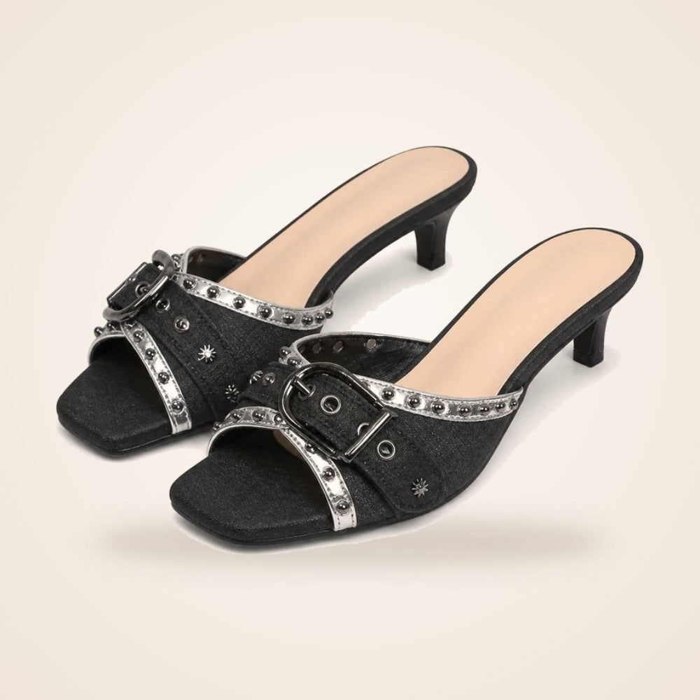 Studded Kitten Heel Slide in black