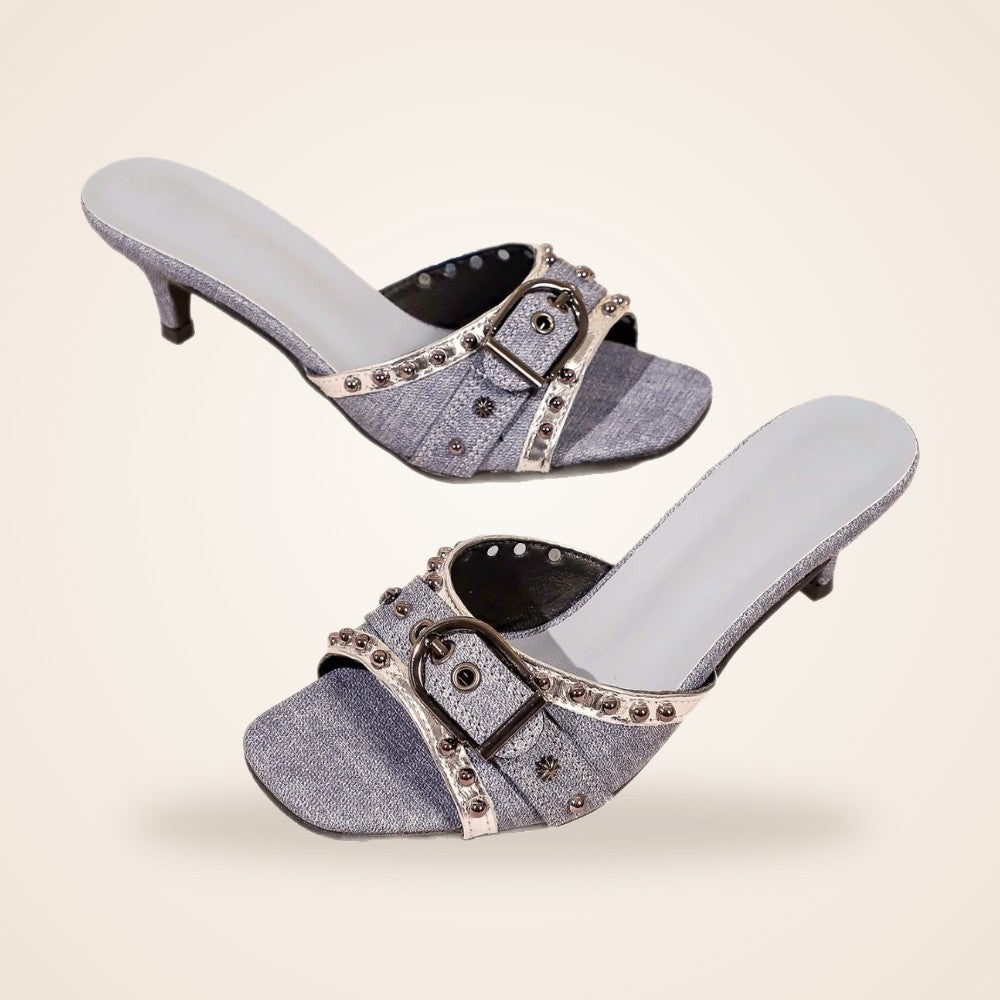Studded Kitten Heel Slide in blue grey