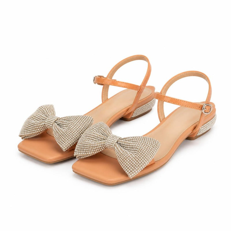The Crystal Bow Sandal in Peach