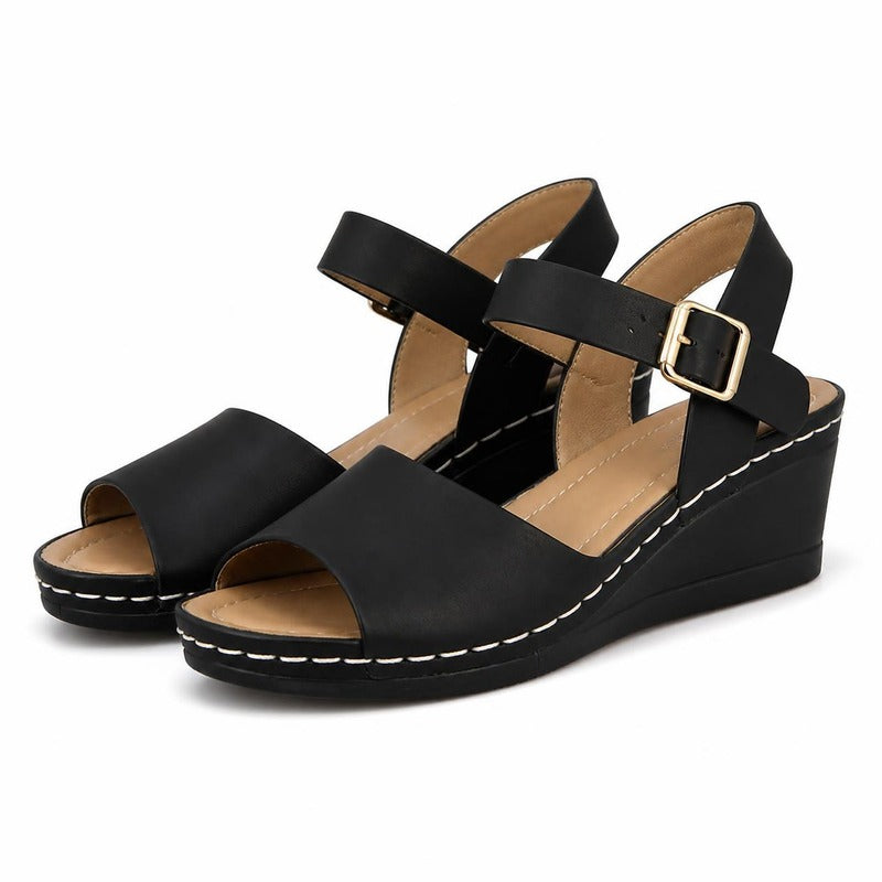 The Buckle Wedge Sandal in Black