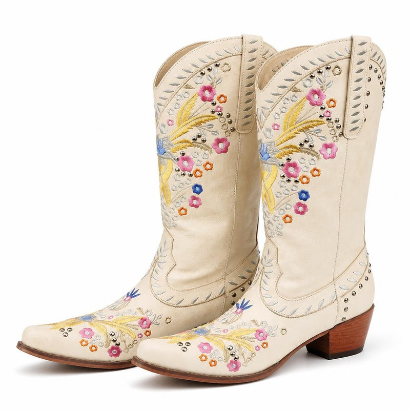 The Embroidered Western Boot in Cream