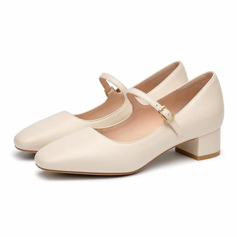 The Mary Jane Block Heel in Cream