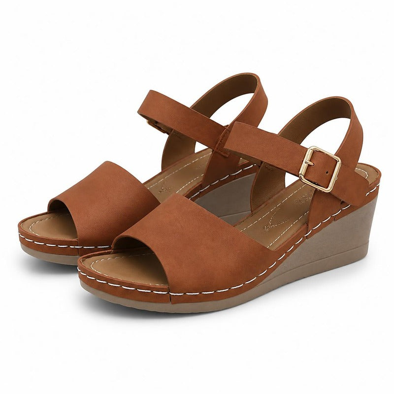The Buckle Wedge Sandal in Tan