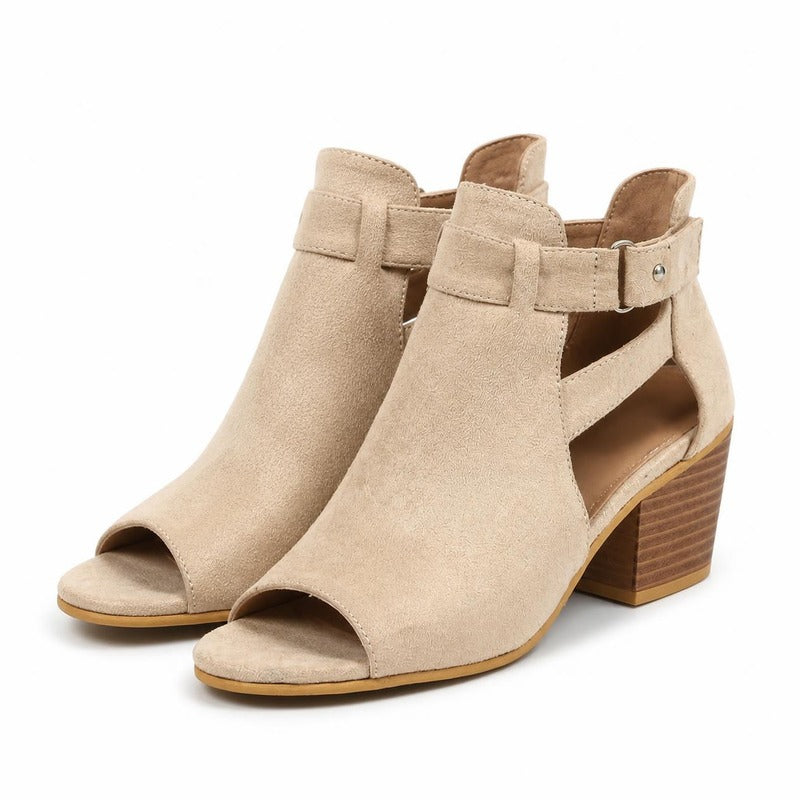 The Buckle Peep-Toe Bootie in Beige