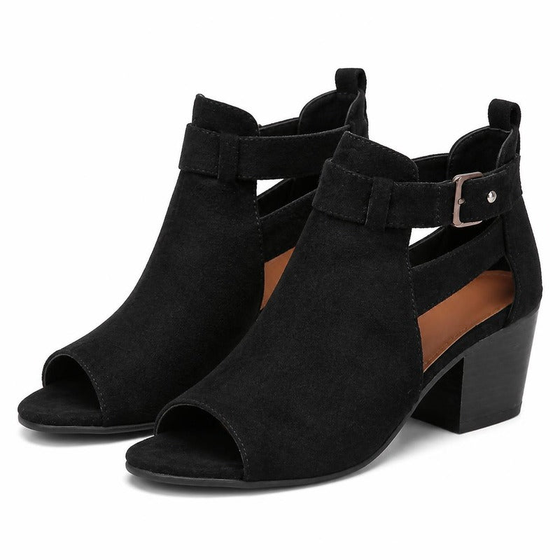 The Buckle Peep-Toe Bootie in Black