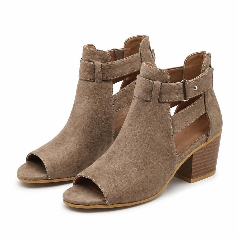 The Buckle Peep-Toe Bootie in Grey