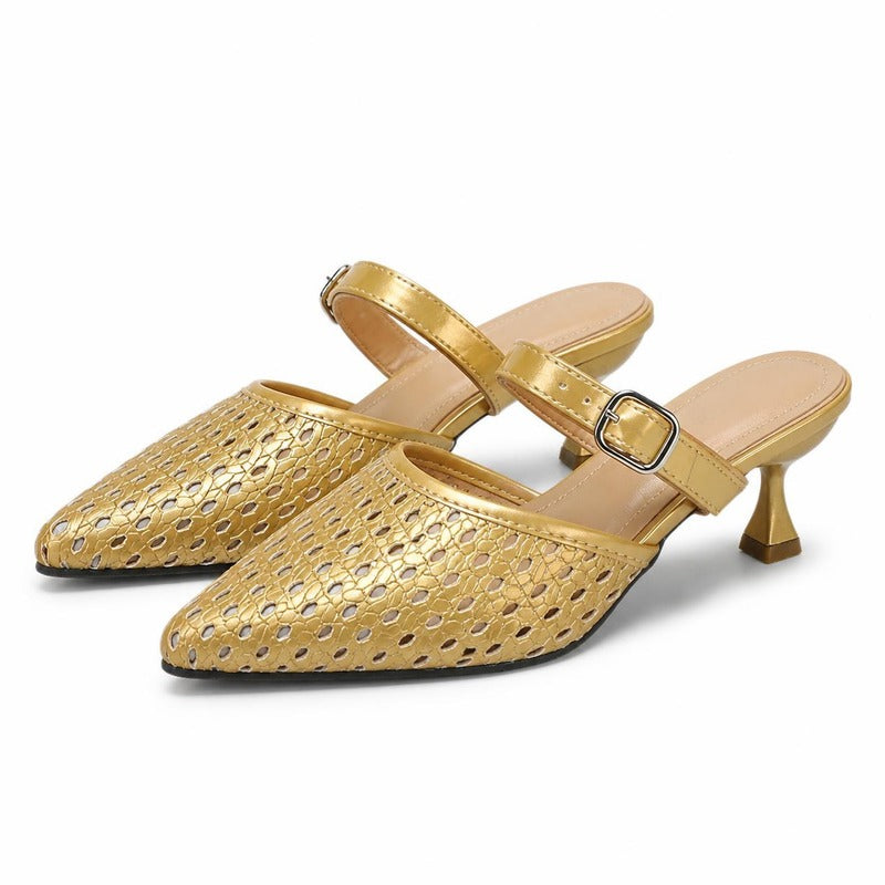 The Woven Kitten Heel Mule in Champagne