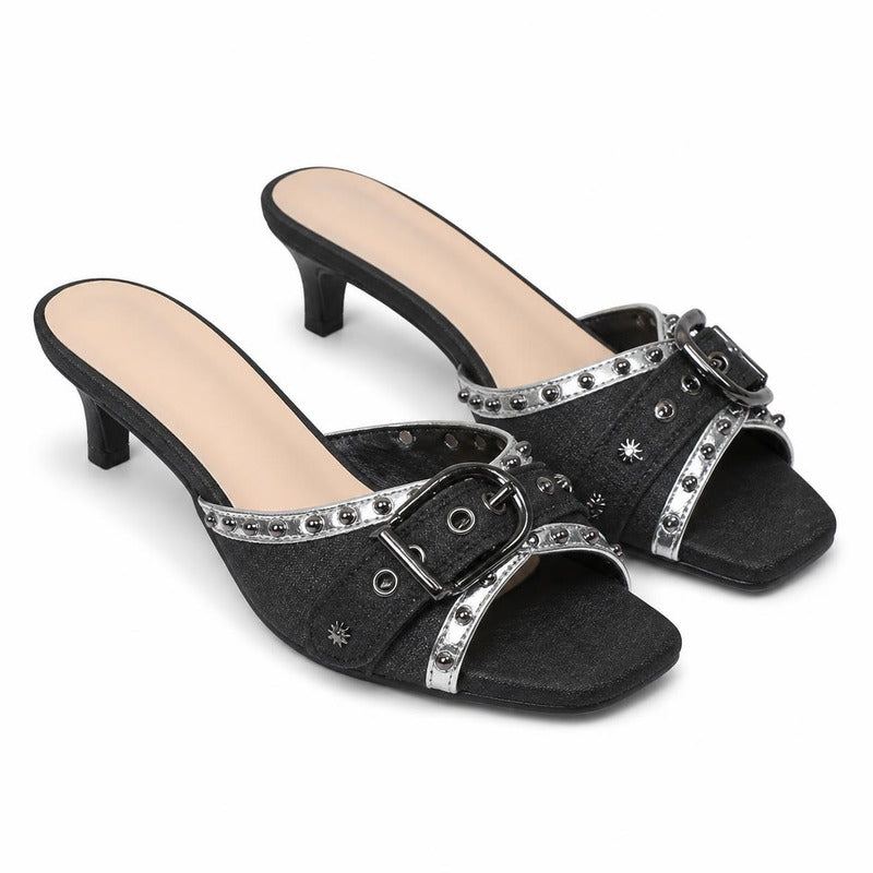 The Studded Kitten Heel Slide in Black