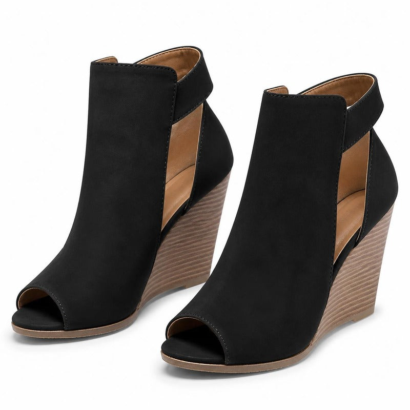 The Peep-Toe Wedge Bootie in Black