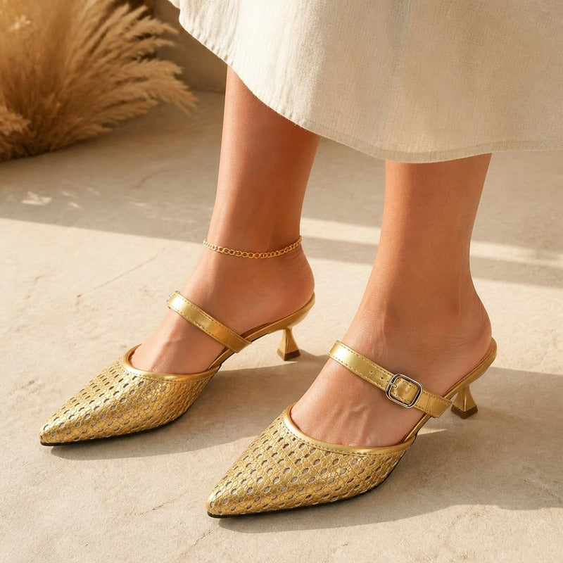 Woven Kitten Heel Mule in champagne, worn