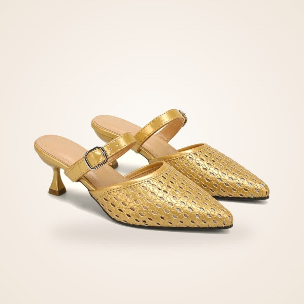 Woven Kitten Heel Mule in champagne