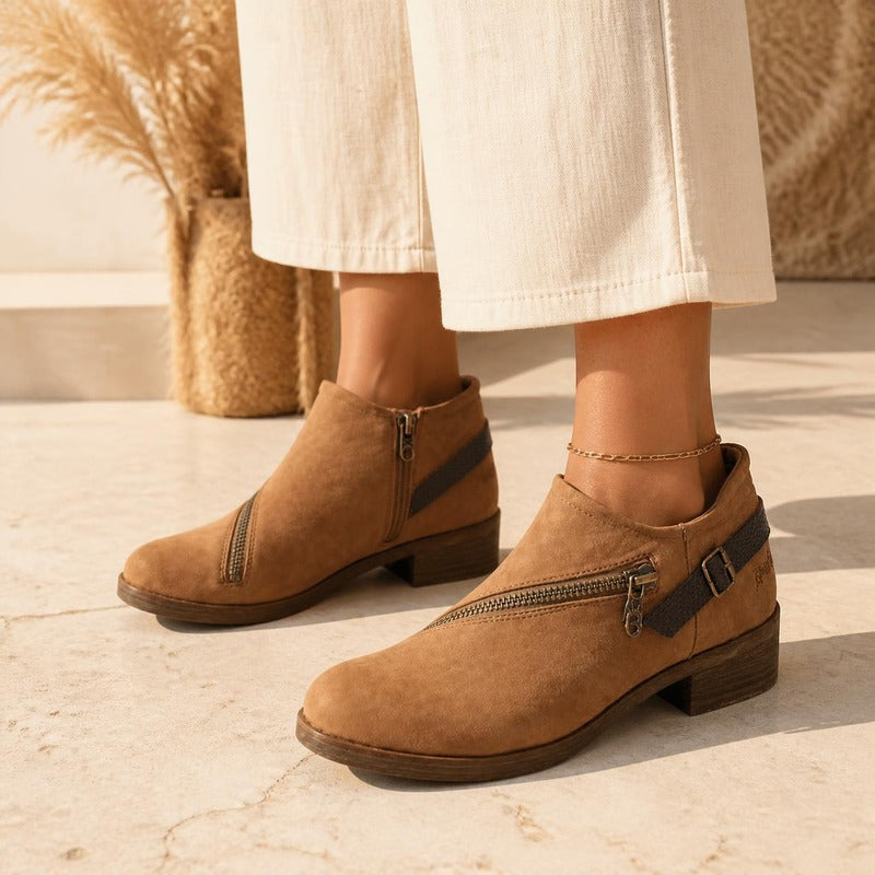 Zip Ankle Boot in tan, worn