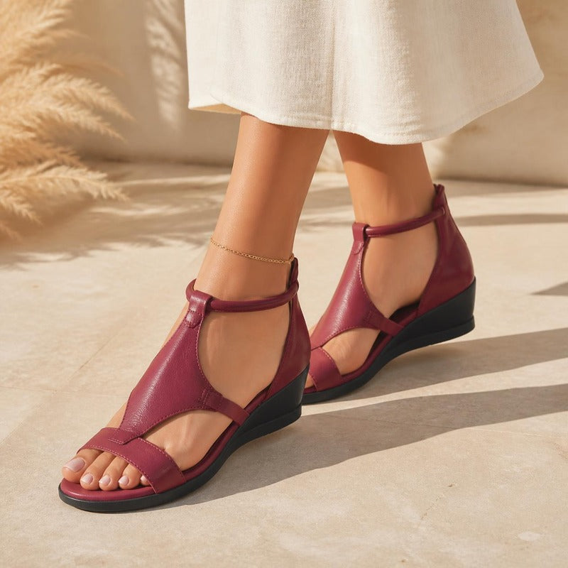 Zip-Back Wedge Sandal in wine, worn